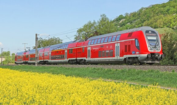 Ein roter Regionalzug der Deutschen Bahn fährt durch die Natur vorbei an einem gelb-blühenden Rapsfeld.