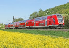 Ein roter Regionalzug der Deutschen Bahn fährt durch die Natur vorbei an einem gelb-blühenden Rapsfeld.