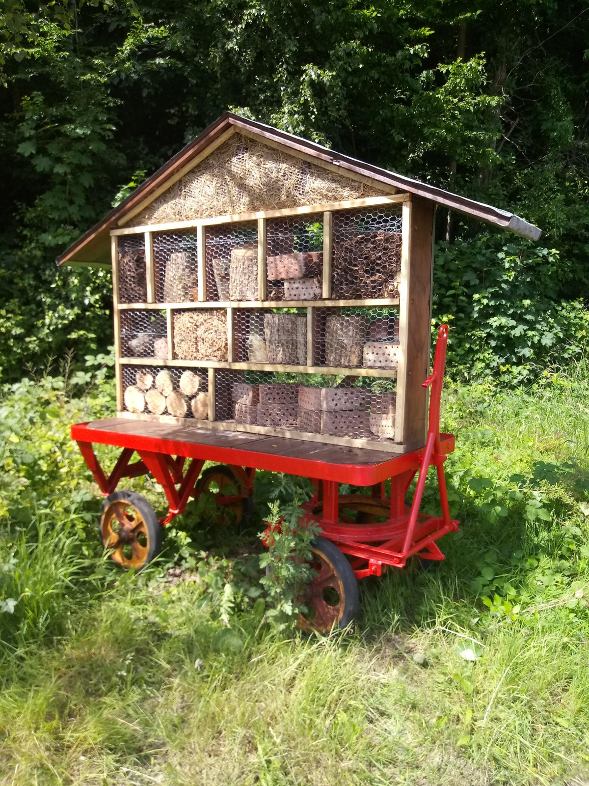 Insektenhotel aus einem Güterabfertigungswagen auf einer Wiese. | © DB Cargo AG / C.CBR 6-Sbr / Ralf Thiel