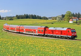 Ein Zug der Deutschen Bahn fährt durch eine blühende Landschaft.