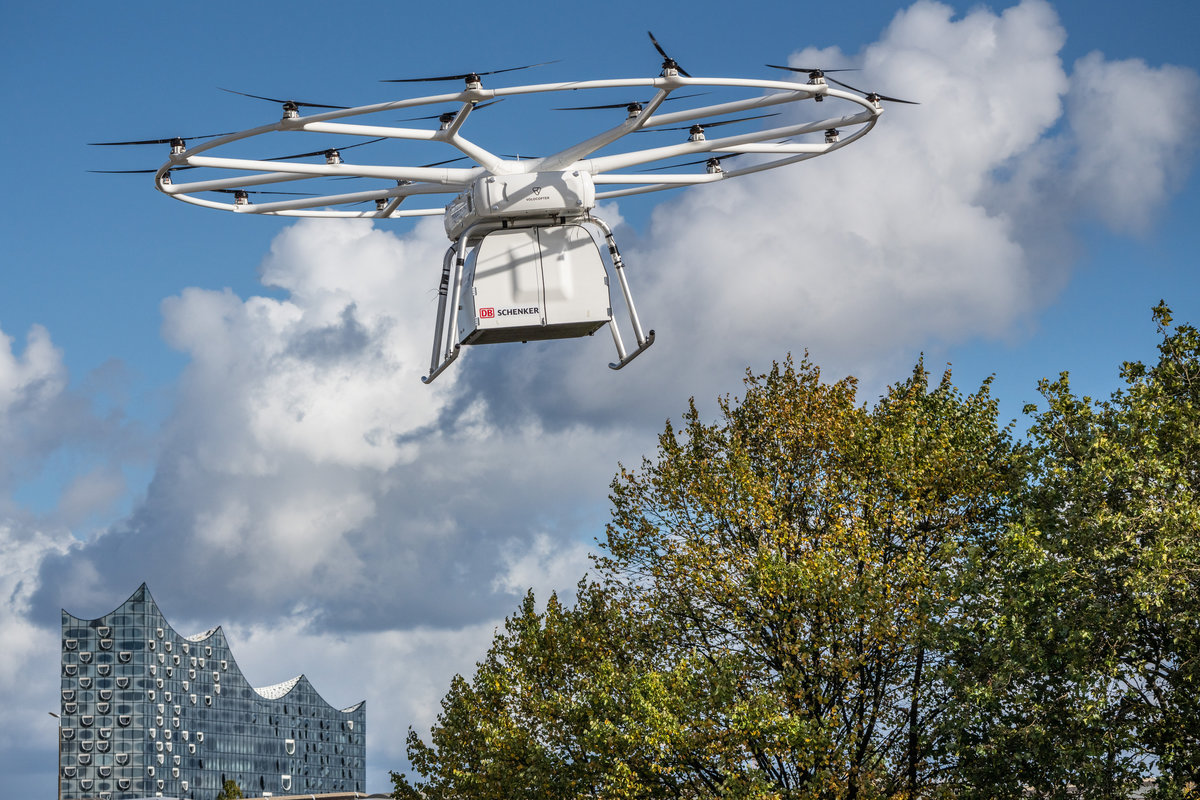 Electric-powered drone VoloDrone from DB Schenker and Volocopterat the ITS World Congress 2021.