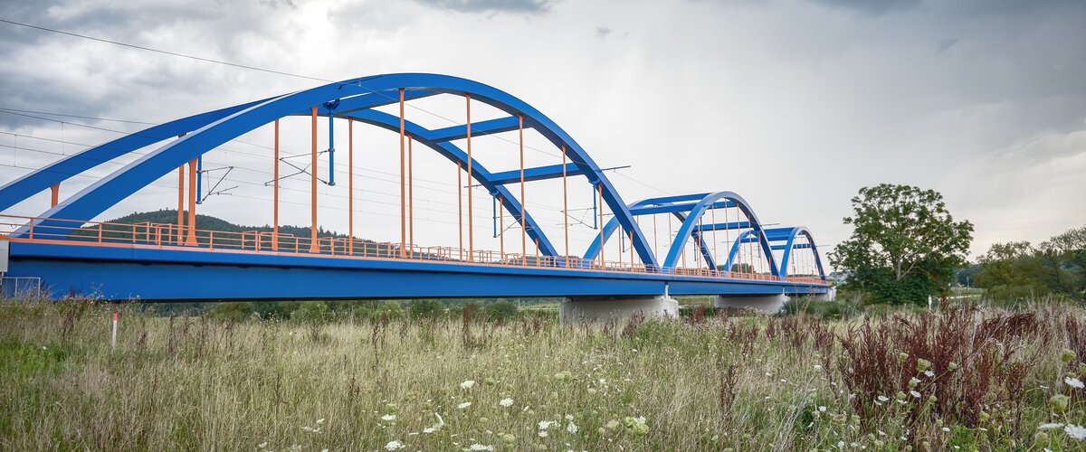 Eine Eisenbahnbrücke überspannt eine Flussmulde, in der ein Biotop entstanden ist.  | © DB AG / Faruk Hosseini