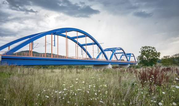 Eine Eisenbahnbrücke überspannt eine Flussmulde, in der ein Biotop entstanden ist. 