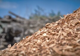 Eine Anhäufung von Holzhackschnitzeln, mit denen ein Werk geheizt wird. 