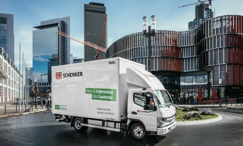 The electric truck in front of the DB Schenker headquarter in Germany.