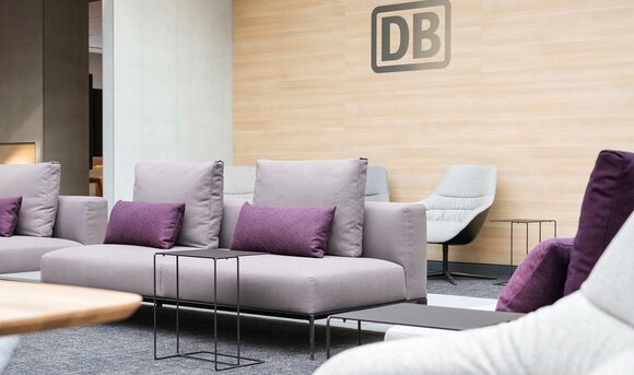 Sofa in DB Lounge with seat cover made of marine plastic fibers.