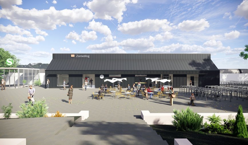 Eine Visualisierung des neuen nachhaltigen Empfangsgebäudes am Bahnhof Zorneding.