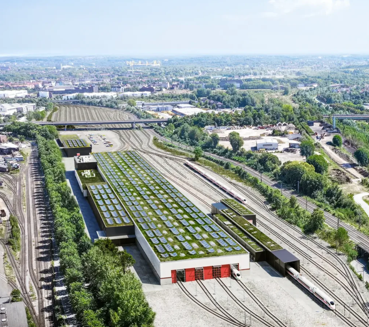 Eine grafische Simulation zeigt das geplante ICE-Werk der DB in Dortmund-Hafen. | © DB AG / Henn GmbH