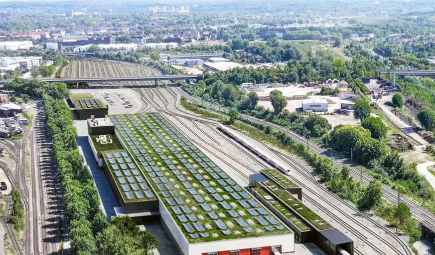 Eine grafische Simulation zeigt das geplante ICE-Werk der DB in Dortmund-Hafen.