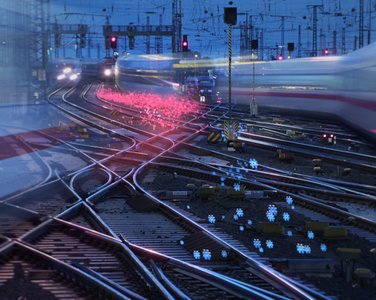 Ein Gleisfeld mit ICE-Zügen und einmontierten Hashtag Symbolen. | © Deutsche Bahn AG / Max Lautenschläger