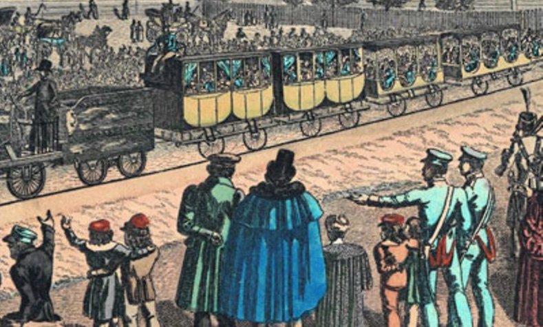 Gemaltes Bild von der Eröffnungsfahrt der ersten Eisenbahn in Deutschland