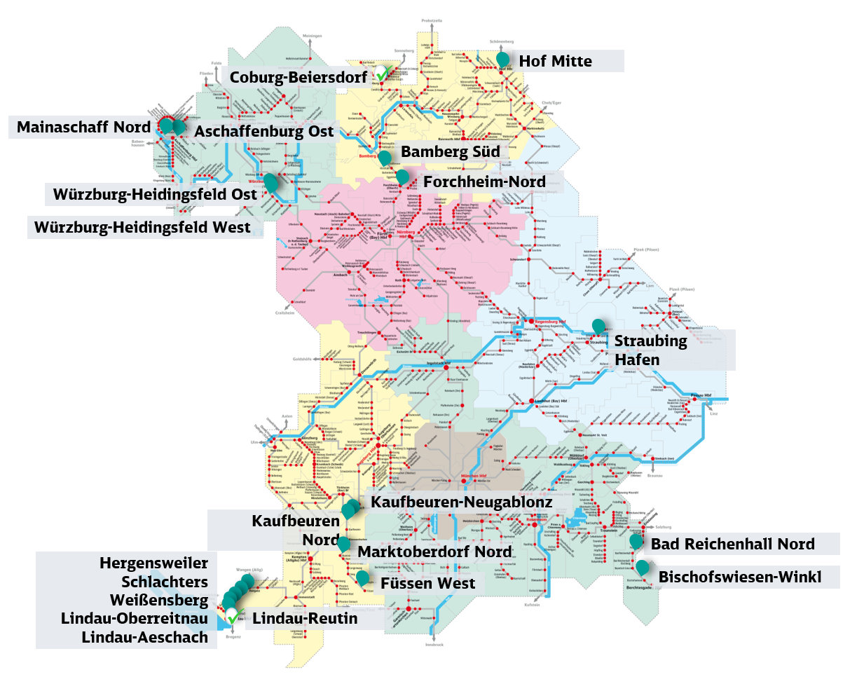 Eine Karte von Bayern, auf der zahlreiche neue Haltestellen eingezeichnet sind