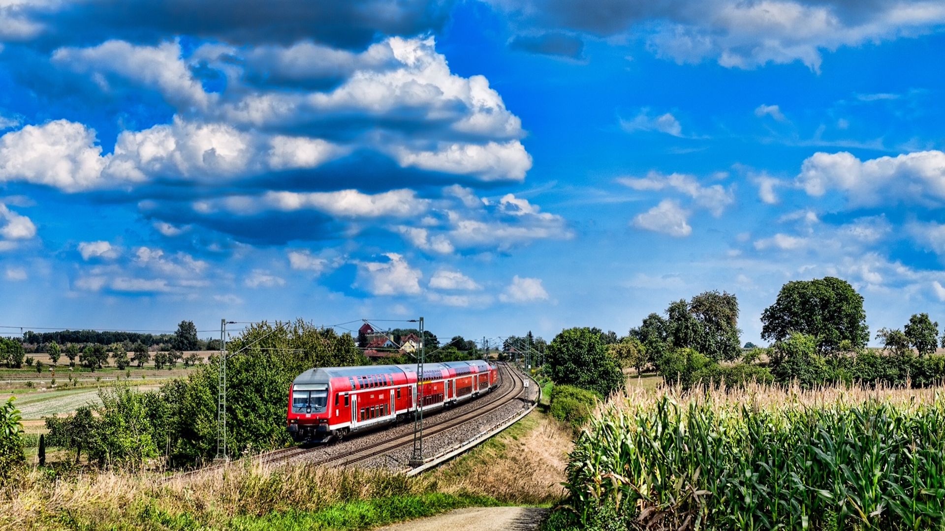 Ein Zug der Deutschen Bahn fährt vorbei an Feldern durch die Natur. 