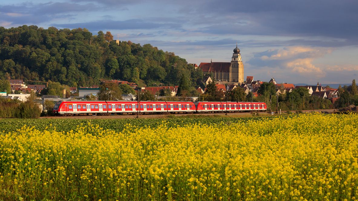 S-Bahn Stuttgart mit zwei Triebwagen der Baureihe 430 vor der Kulisse von Herrenberg