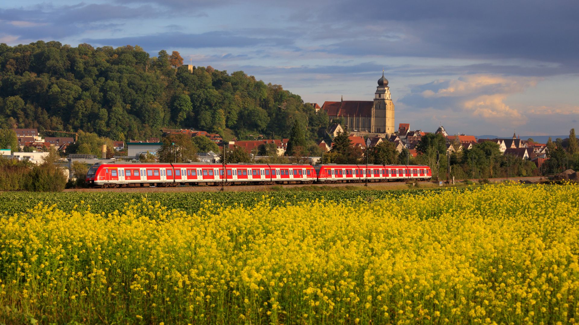 S-Bahn Stuttgart mit zwei Triebwagen der Baureihe 430 vor der Kulisse von Herrenberg