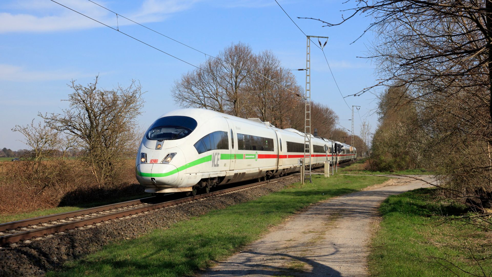 Ein ICE fährt durch eine grüne Landschaft