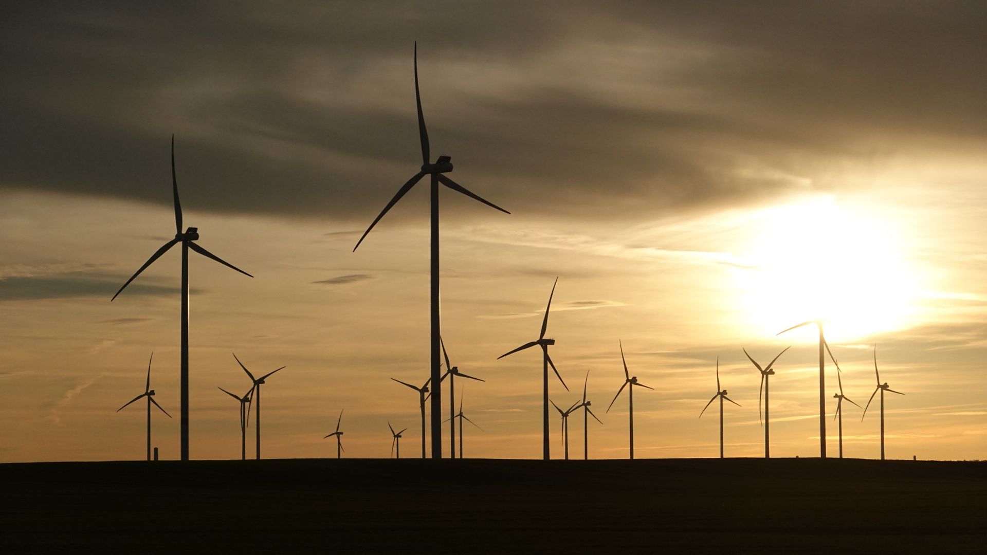 Eine Windenergieanlage in Brandenburg im Gegenlicht