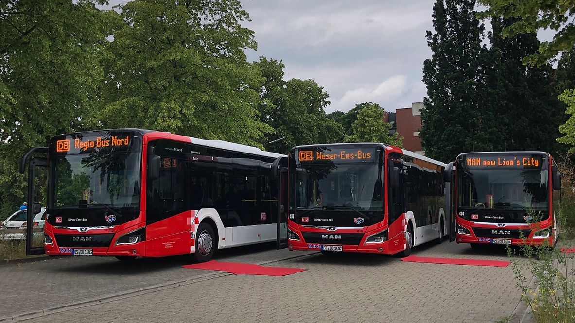Drei Busse der Flotte von Weser-Ems-Bus stehen auf einem Parkplatz