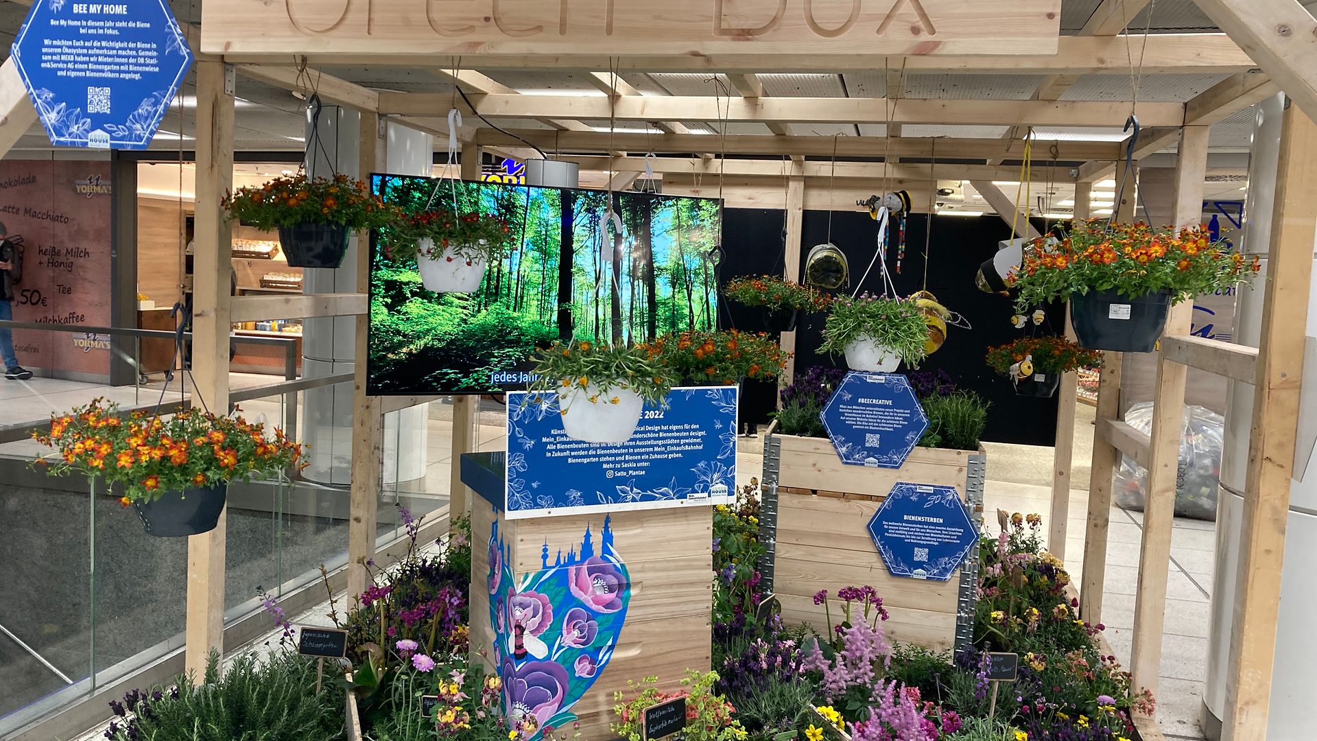 Ein Mini-Gewächshaus mit einer großen Blumenvielfalt in einem Einkaufsbahnhof