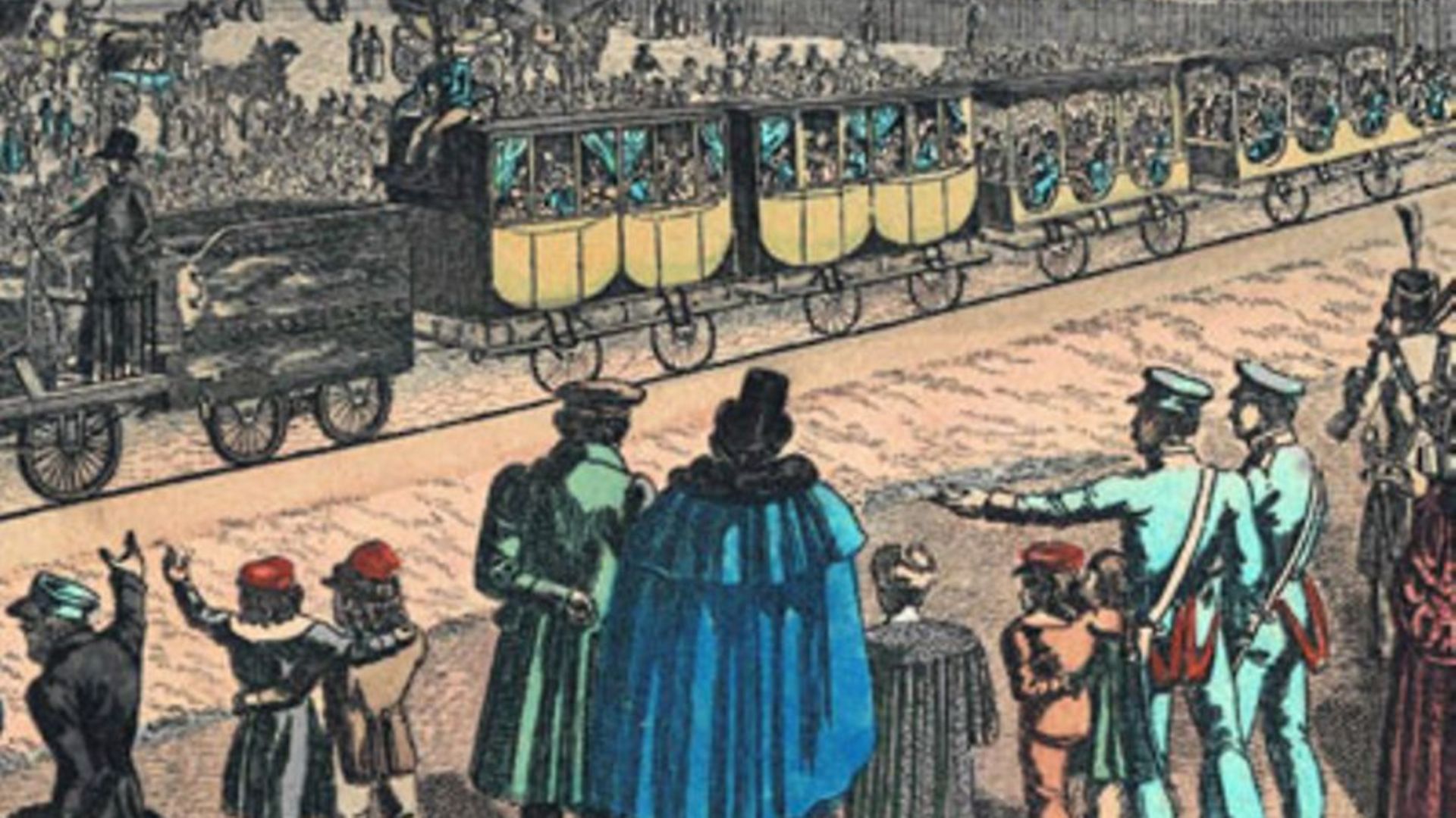 Gemaltes Bild von der Eröffnungsfahrt der ersten Eisenbahn in Deutschland