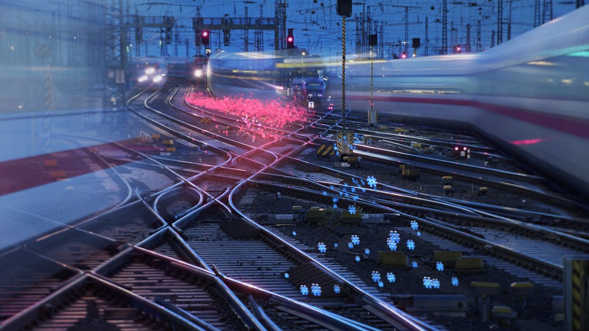 Ein Gleisfeld mit ICE-Zügen und grafisch ergänzten Hashtag Symbolen