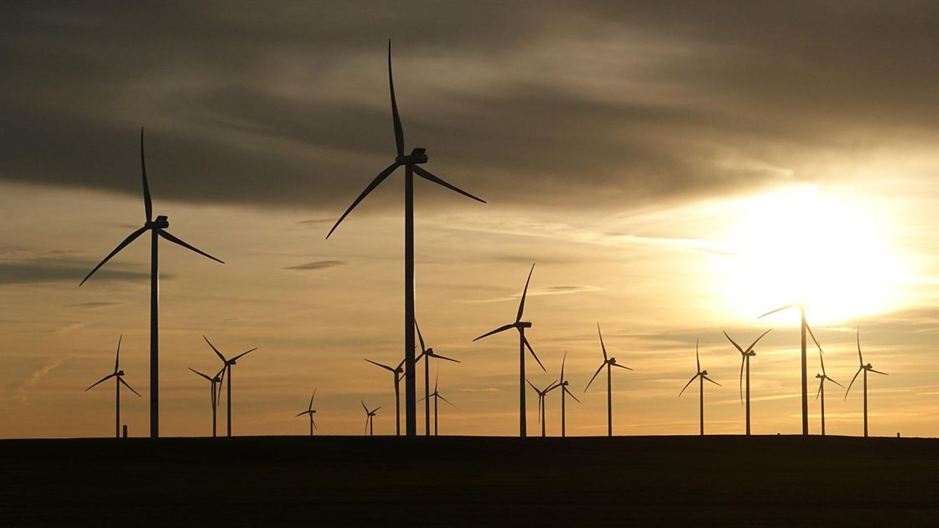 Panorama-Aufnahme Windpark bei Sonnenuntergang