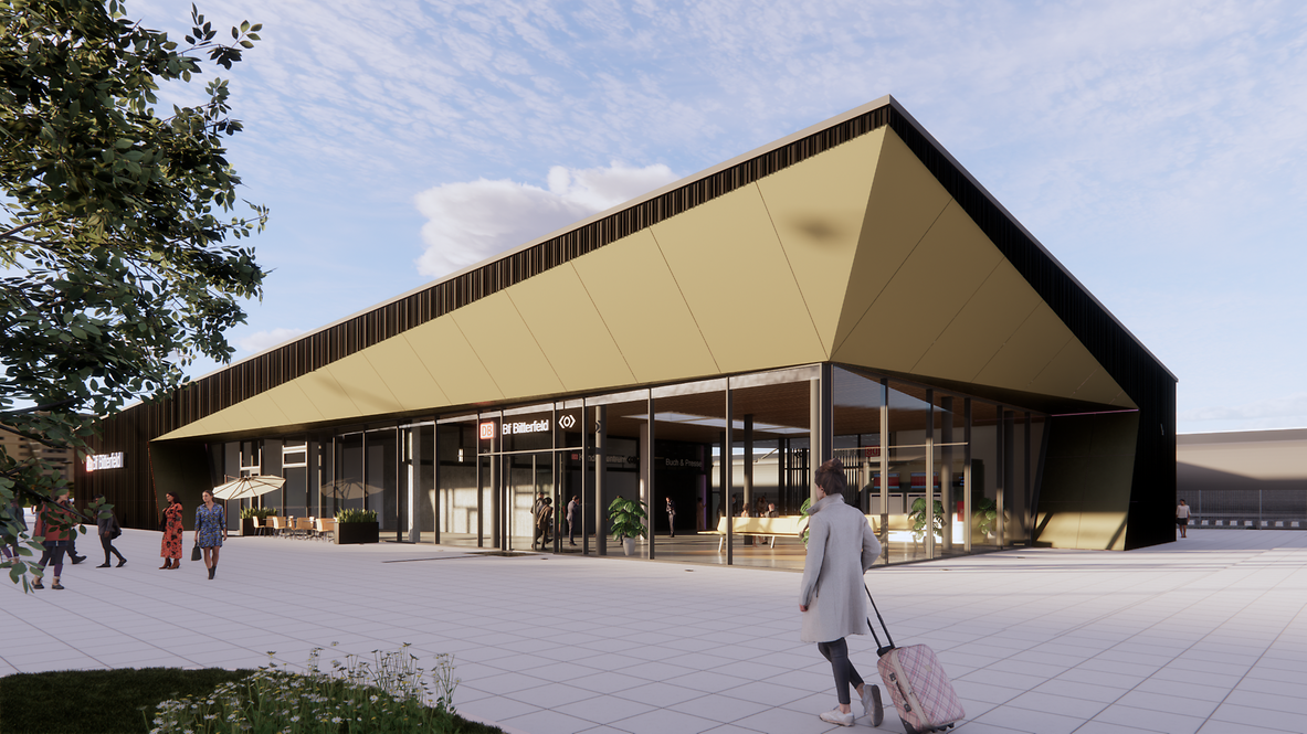 Modell einer Außenansicht des modernen Bahnhofsempfangsgebäudes in Bitterfeld