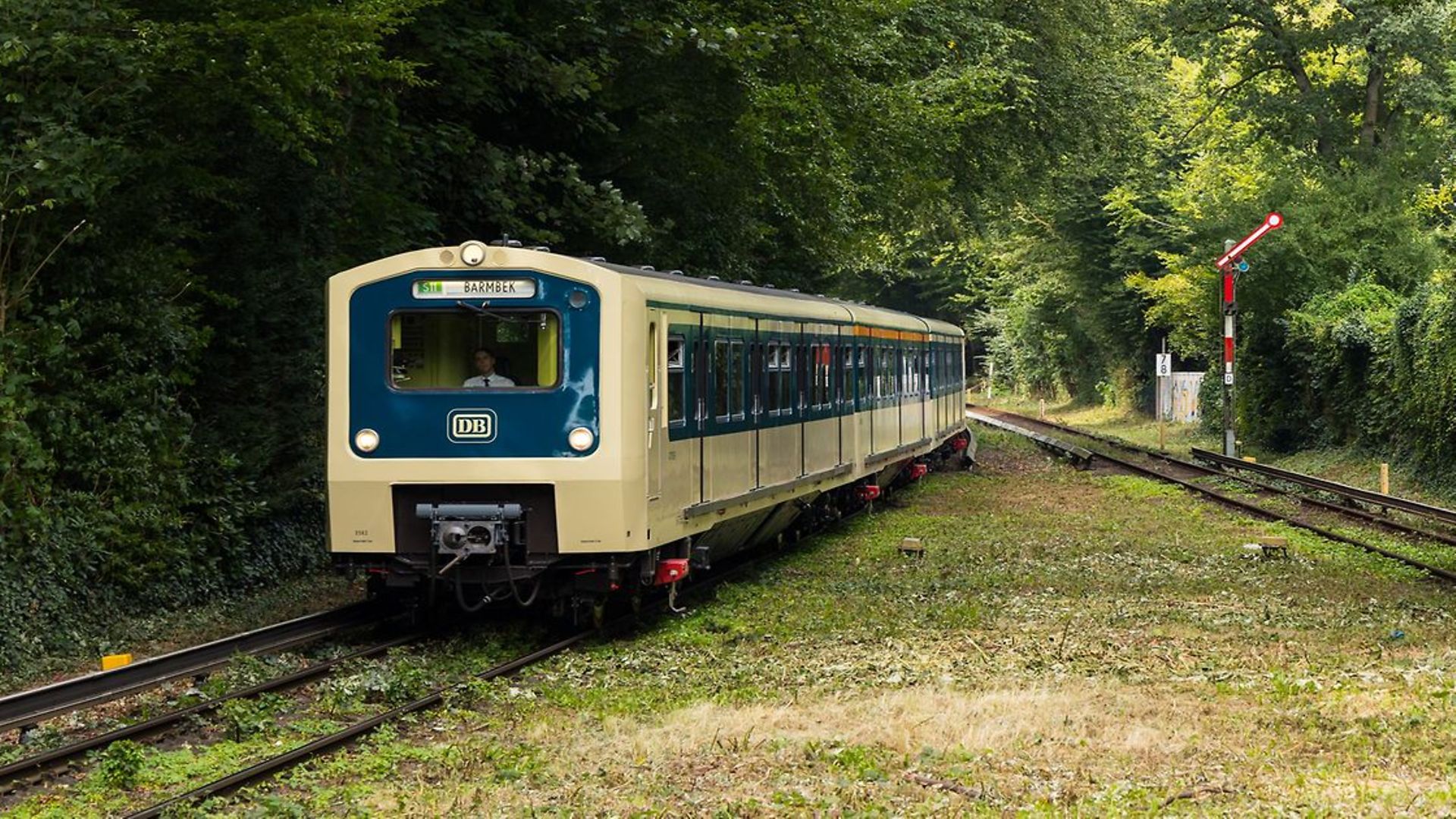 Historische S-Bahn fährt auf Schienen in grüner Umgebung.