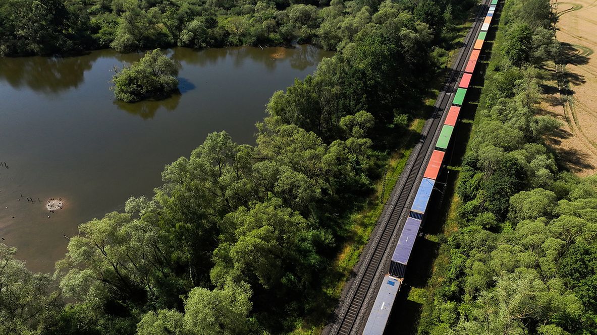 Ein Containerzug unterwegs fährt durch eine grüne Landschaft neben einem Gewässer entlang.