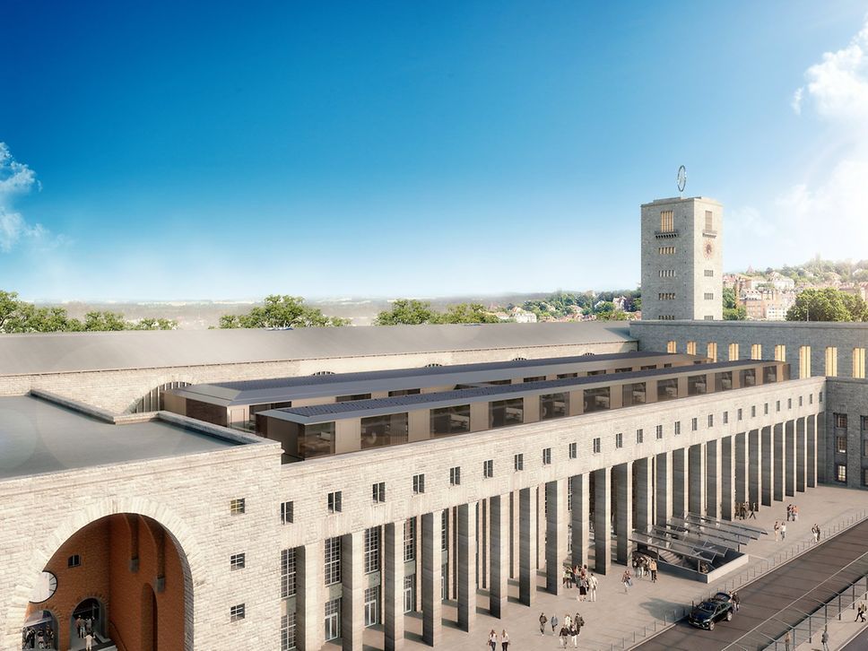 Der Bonatzbau, das historische Empfangsgebäude des Stuttgarter Hauptbahnhofs, in einem Modell-Entwurf