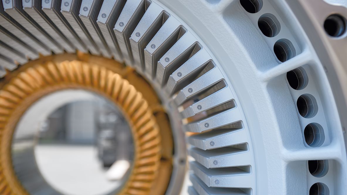 Close-up of the rotor of an electric motor with blades and openings