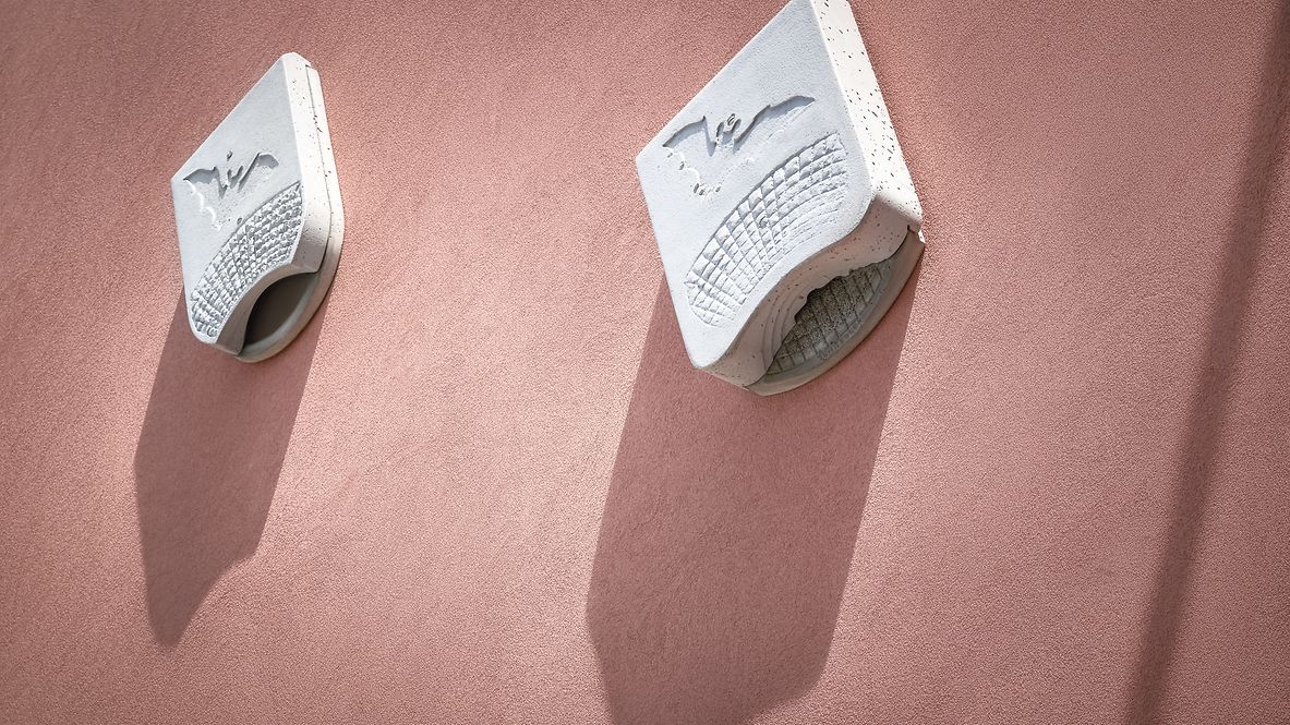 Two bat houses are attached to a house wall.