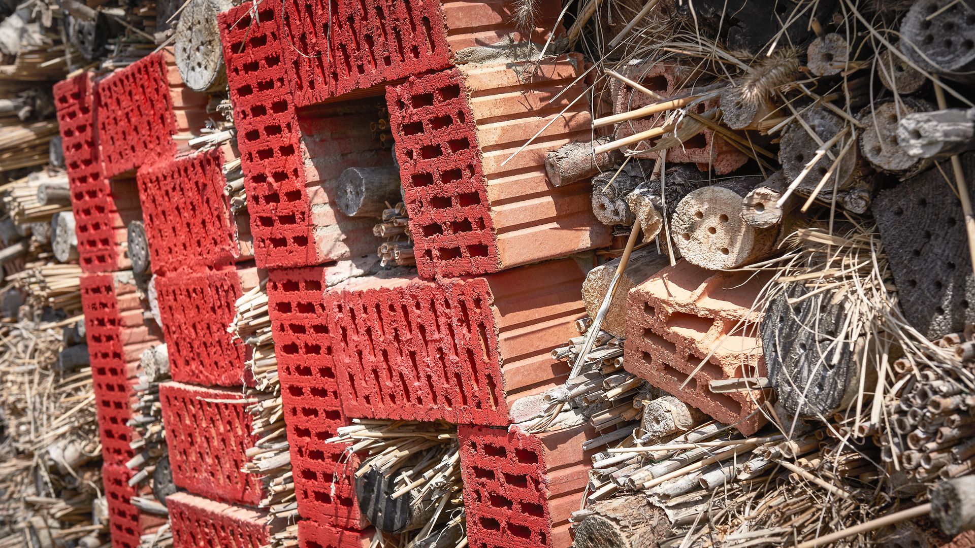 Close-up of an insect hotel made of red bricks, branches and wood