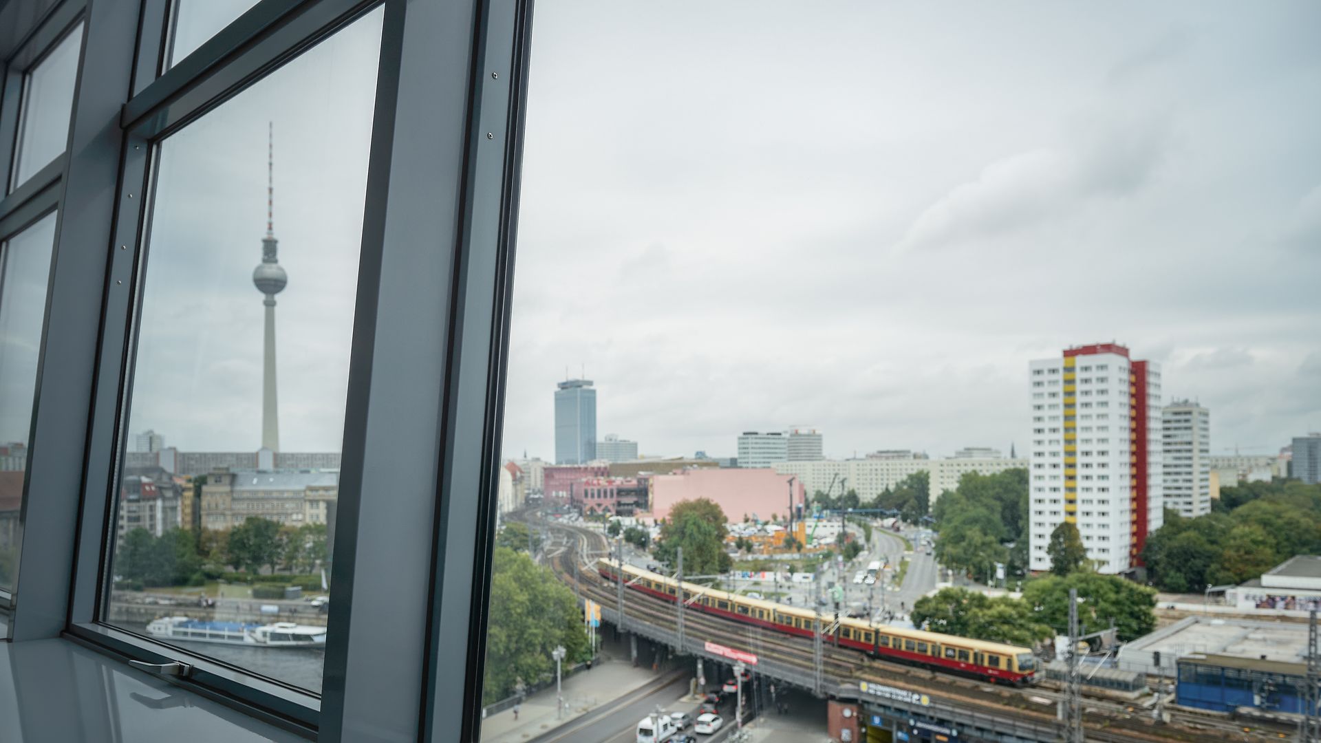 View through the soundproof windows of the Berlin skyline with the TV tower