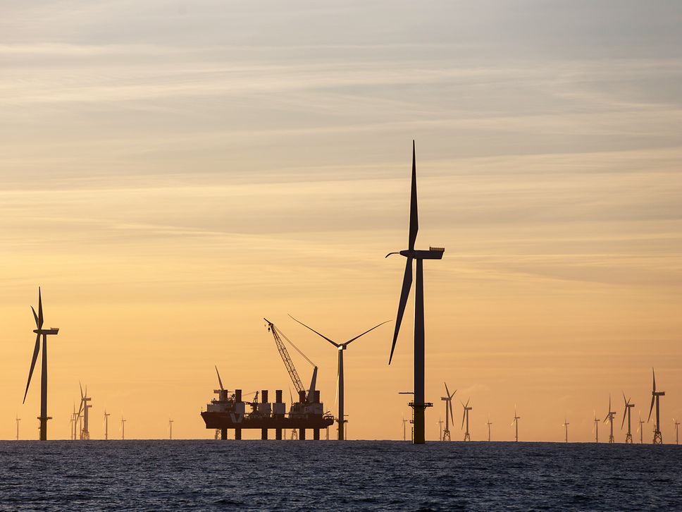 The Amrumbank-West wind farm in the North Sea at sunset