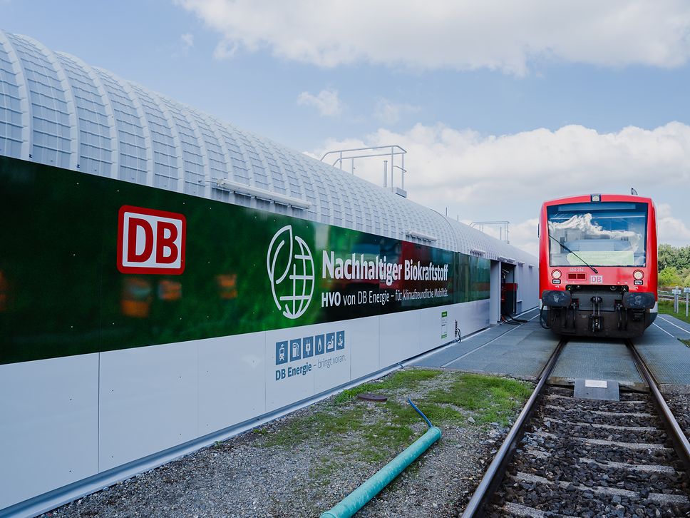 Locomotive is refueled with biofuel.