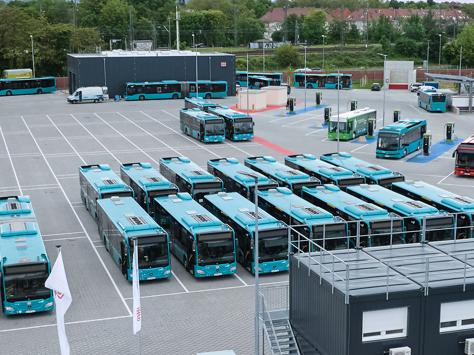 Bus depot with several parking buses