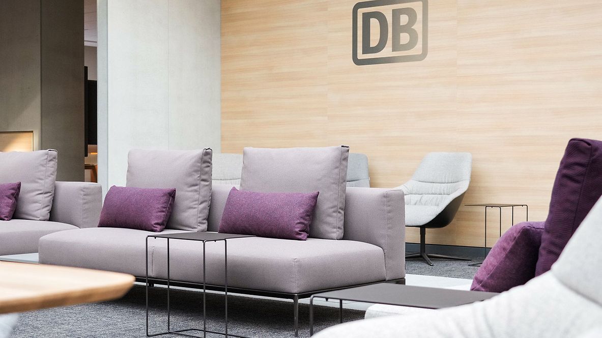 Sofa in the DB Lounge with seat covers made from marine plastic fibers