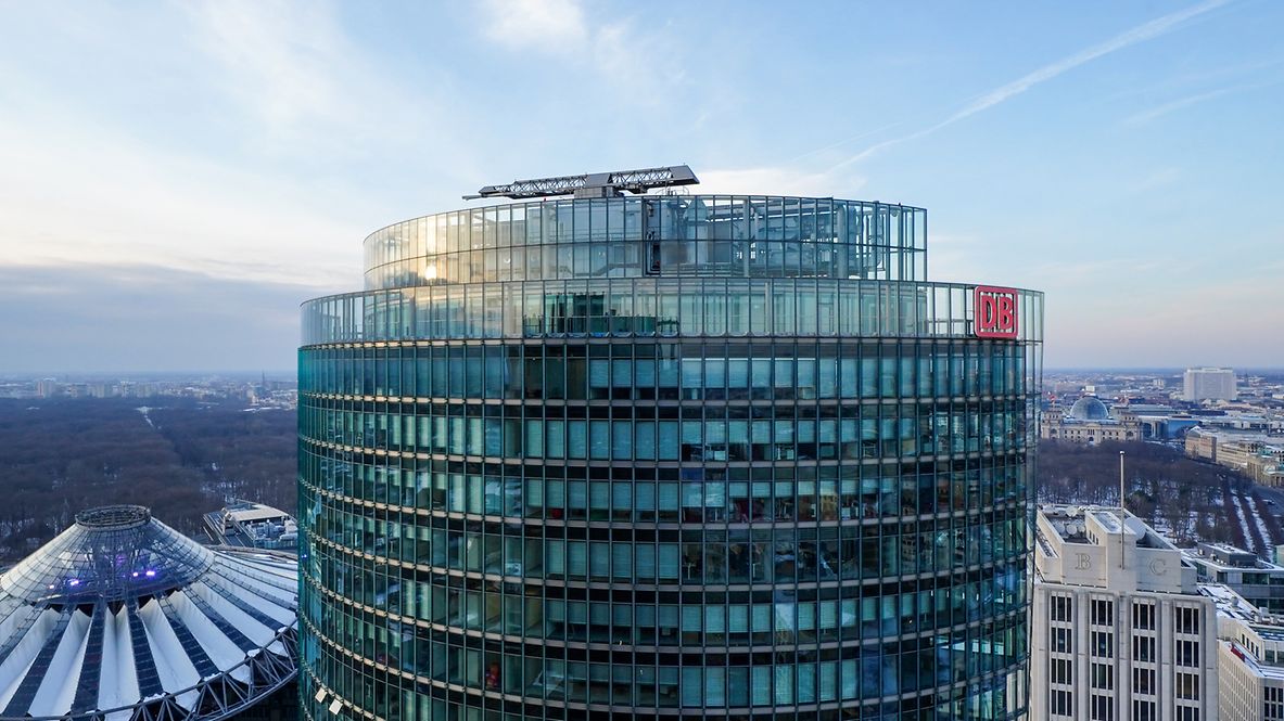 Aerial view of the upper floors of the DB Group headquarters in Berlin from the outside 